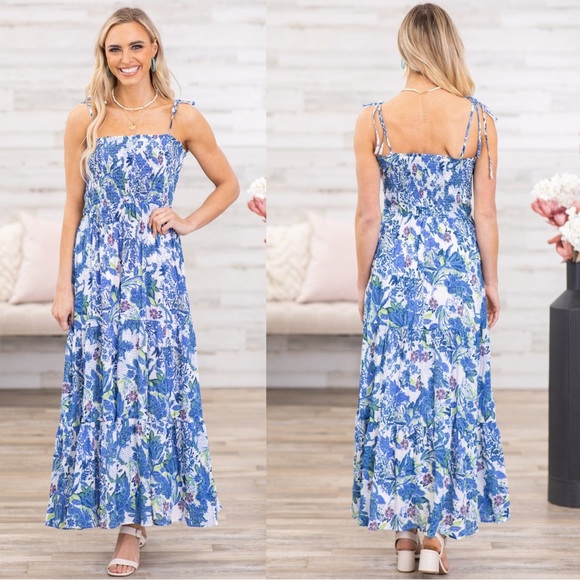HAILEY & CO Blue White Purple & Green Floral Printed Smocked Tiered Maxi Dress L - Picture 6 of 13